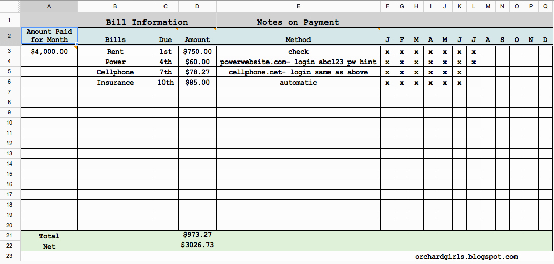 Bill Pay Spreadsheet Lovely orchard Girls Free Printables