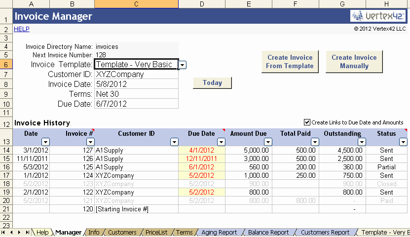 Bill Tracker Excel Template Awesome Vertex42 Invoice assistant Invoice Manager for Excel