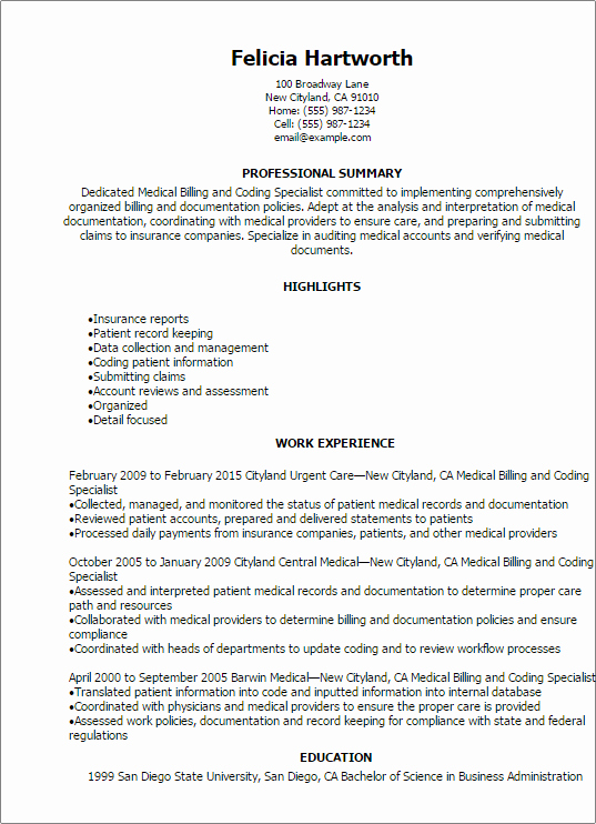 Billing and Coding Resume Inspirational Medical Billing and Coding Specialist Resume Template