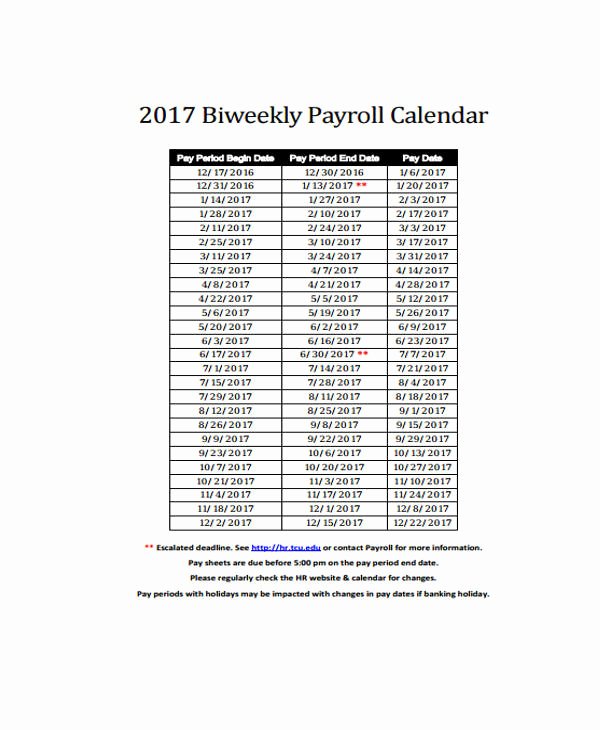 Biweekly Payroll Calendar Template 2017 Awesome 7 Payroll Calendar Templates Sample Example