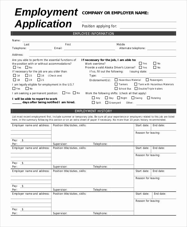 Blank Job Application form Awesome Sample Employment Application form 8 Examples In Word Pdf