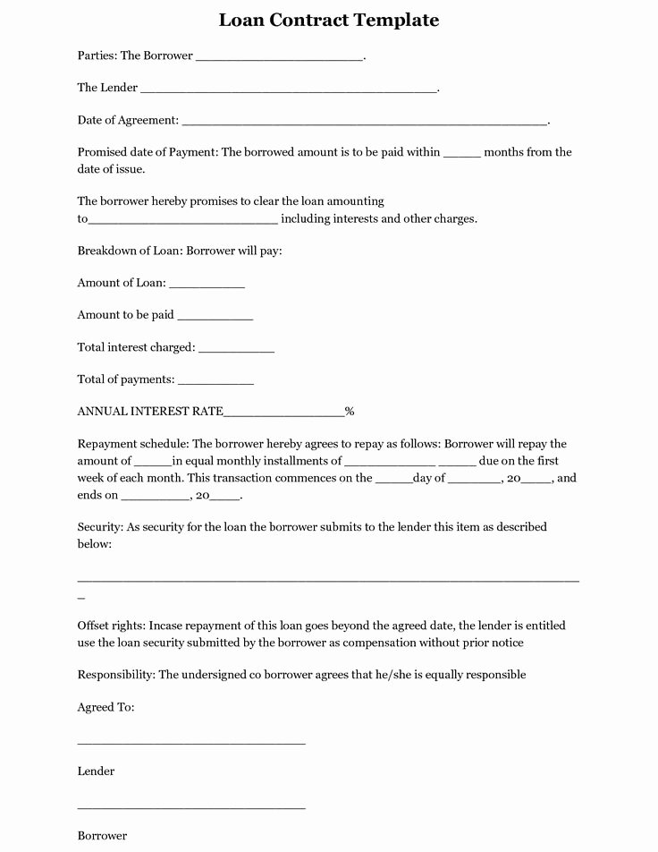 Blank Loan Agreement Fresh Printable Loan Agreement Loan Contract form Sample