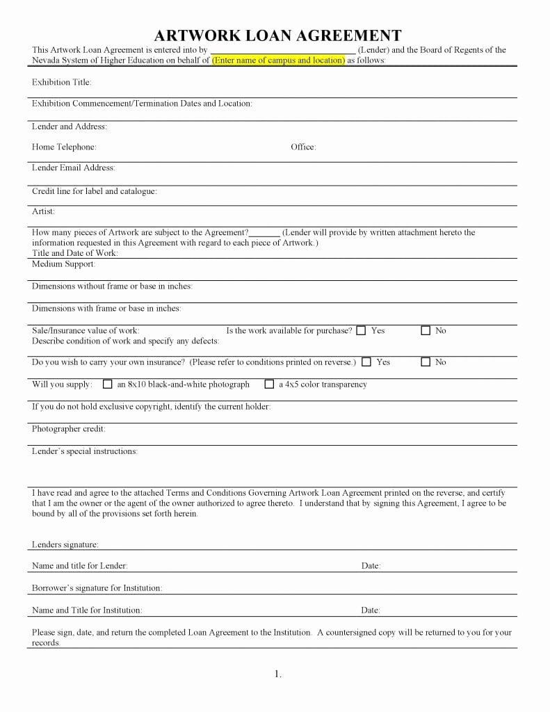 Blank Loan Contract Beautiful Free Artwork Loan Agreement Pdf Template