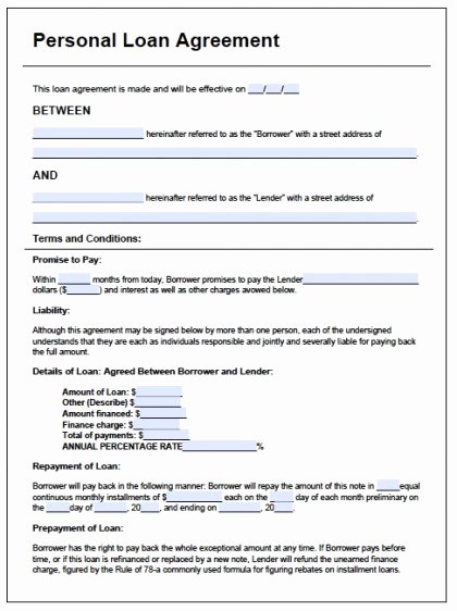 Blank Loan Contract Elegant Free Printable Personal Loan Agreement form Generic