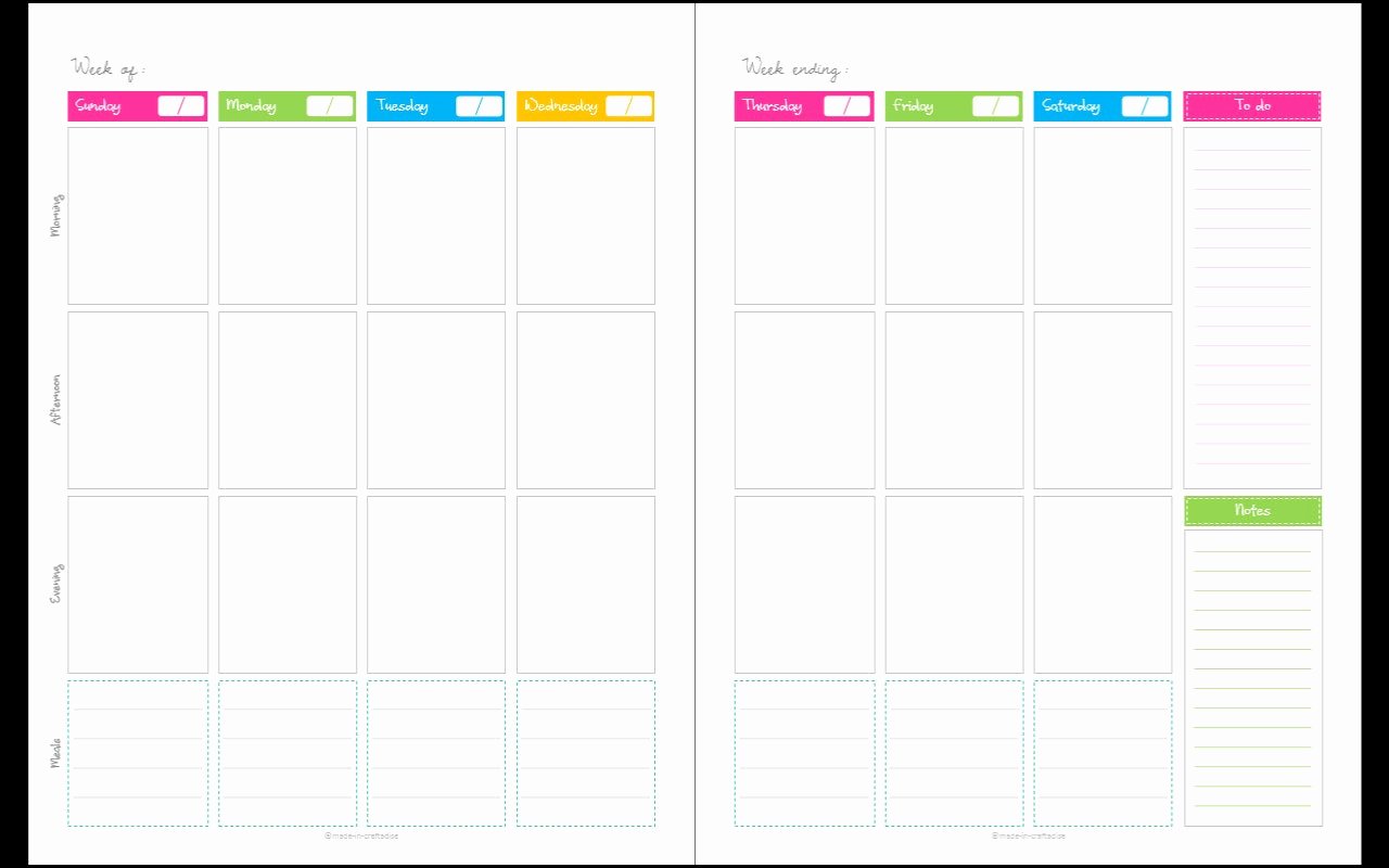 Blank One Week Calendar New Calendar Any Year Unfilled Blank1 Week 2 Page Spread