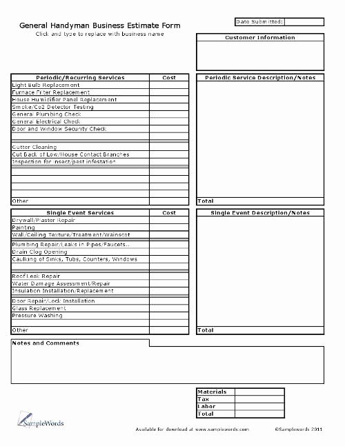 Blank Quote Template Lovely Handyman Business Estimate form Proposal