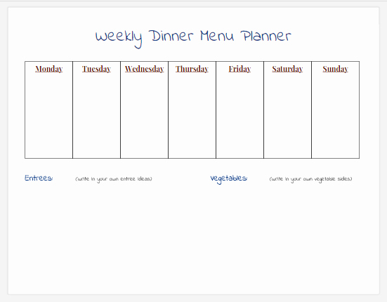 Blank Weekly Menu Lovely Weekly Dinner Menu Planner Printable