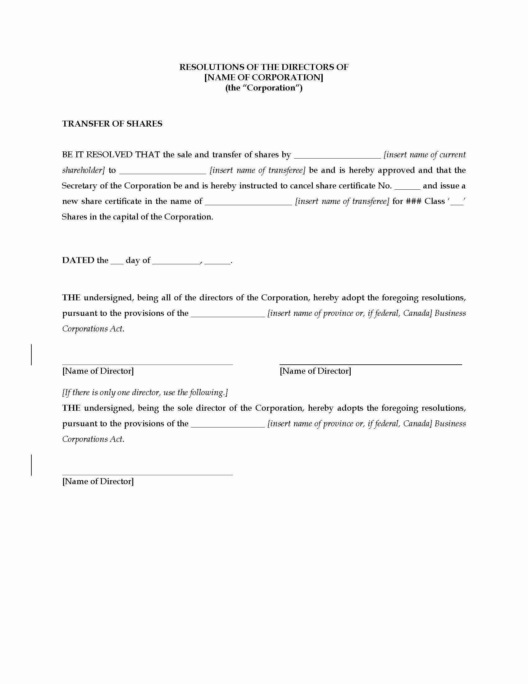Board Of Directors Resolution Best Of Canada Directors Resolution Approving Transfer