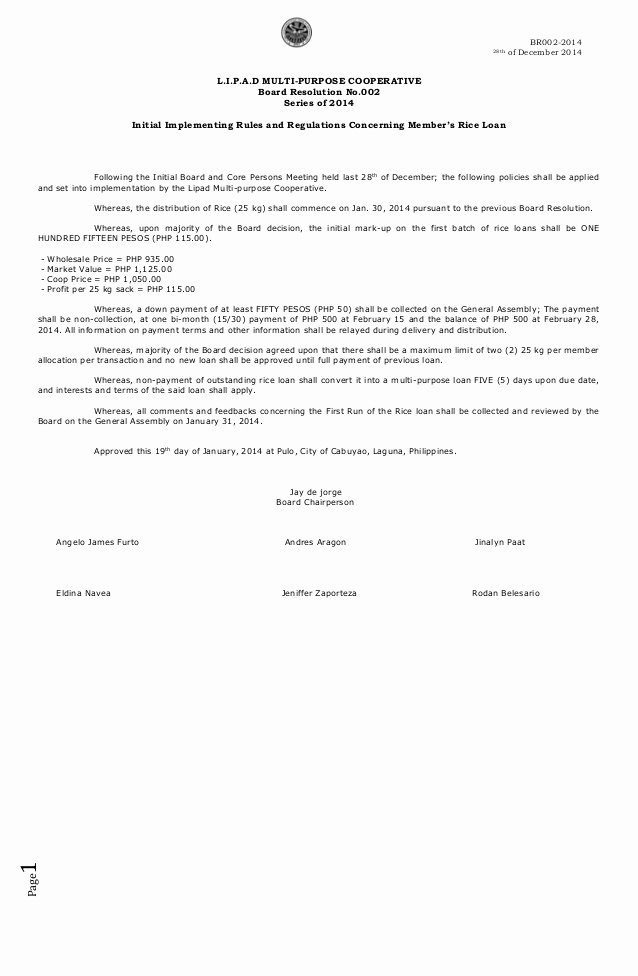 Board Of Directors Resolution Fresh Board Resolution 2014 002