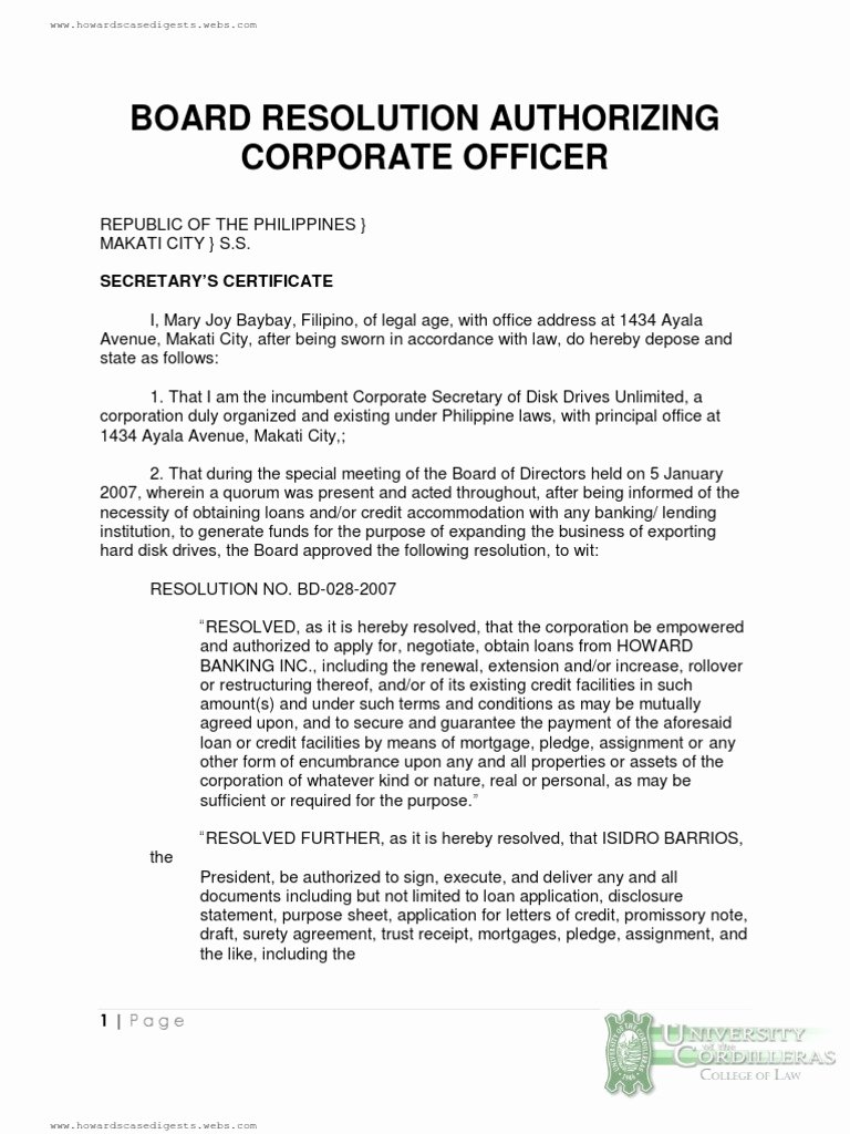 Board Of Directors Resolution Fresh Board Resolution Authorizing Corporate Ficer