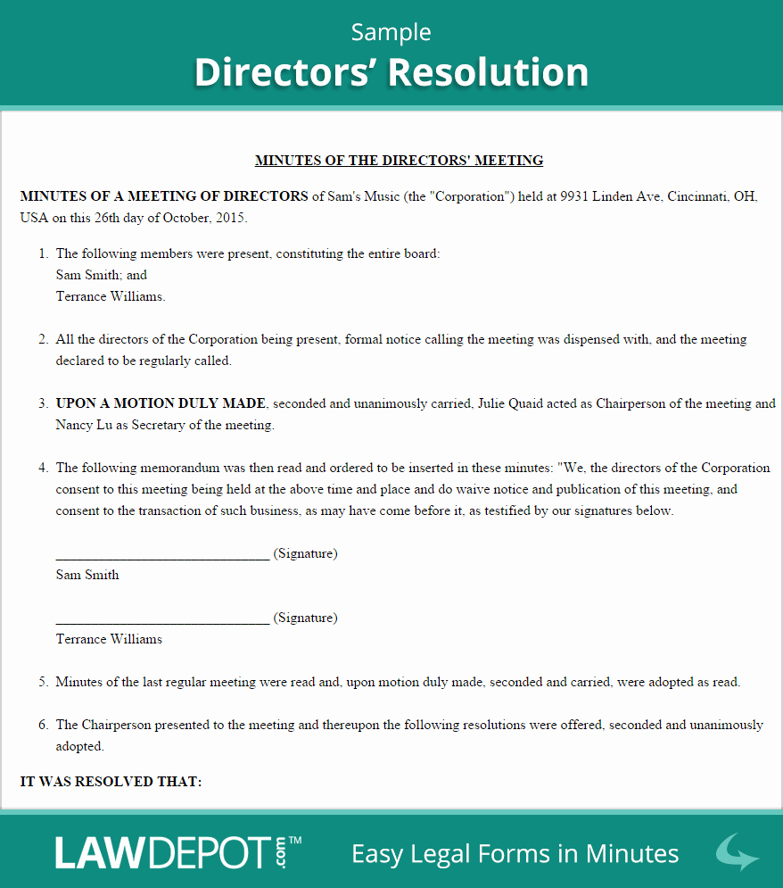 Board Of Directors Resolution Lovely Directors Resolution form