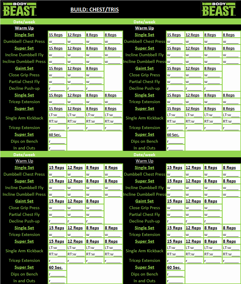 Body Beast Meal Plan Spreadsheet New Body Beast Chest and Tri S Workout Sheet