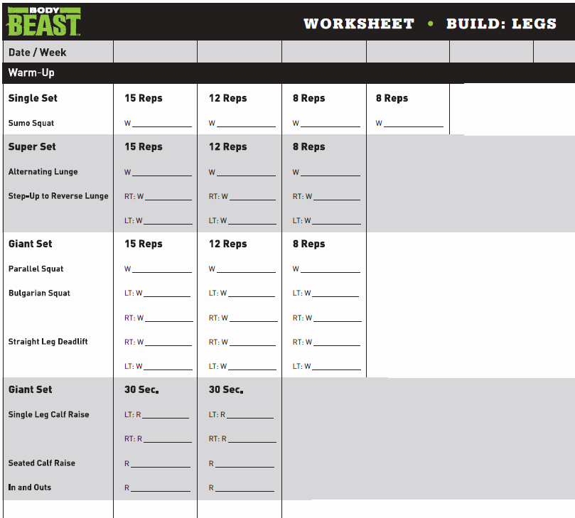 Body Beast Meal Plan Spreadsheet Unique Body Beast Bulk Legs Workout Sheet Workout