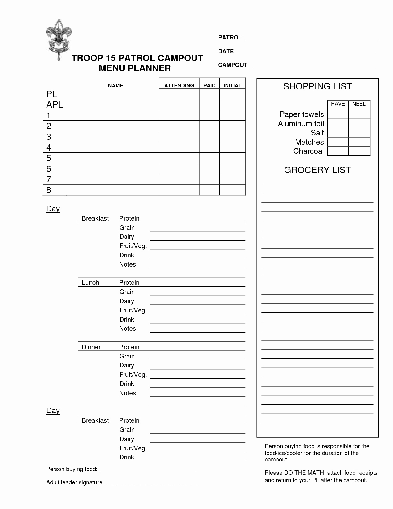 Boy Scout Duty Roster Template Beautiful Boy Scout Campout Planning Worksheet Google Search