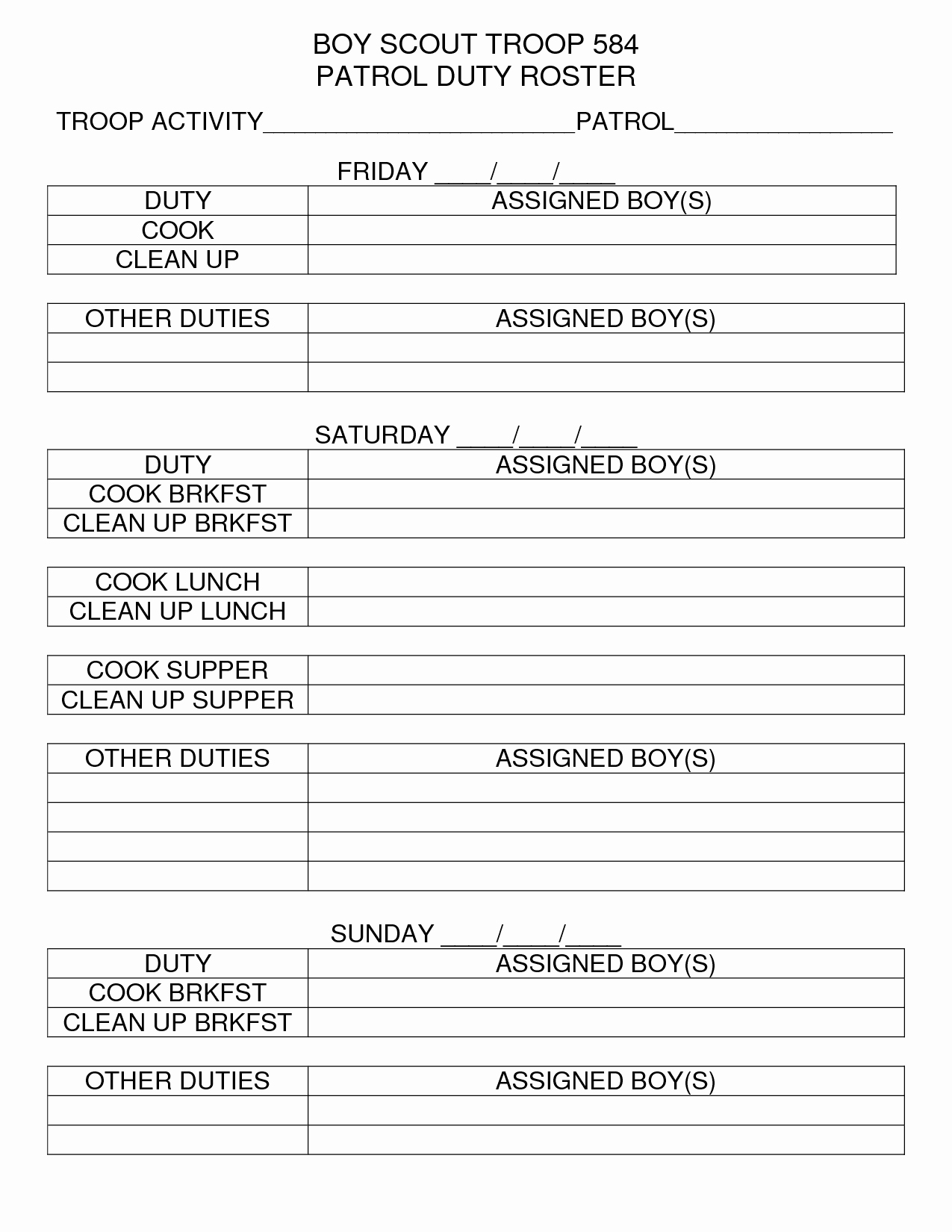 Boy Scout Duty Roster Template Best Of Den Camping assignment Duty Chart Google Search