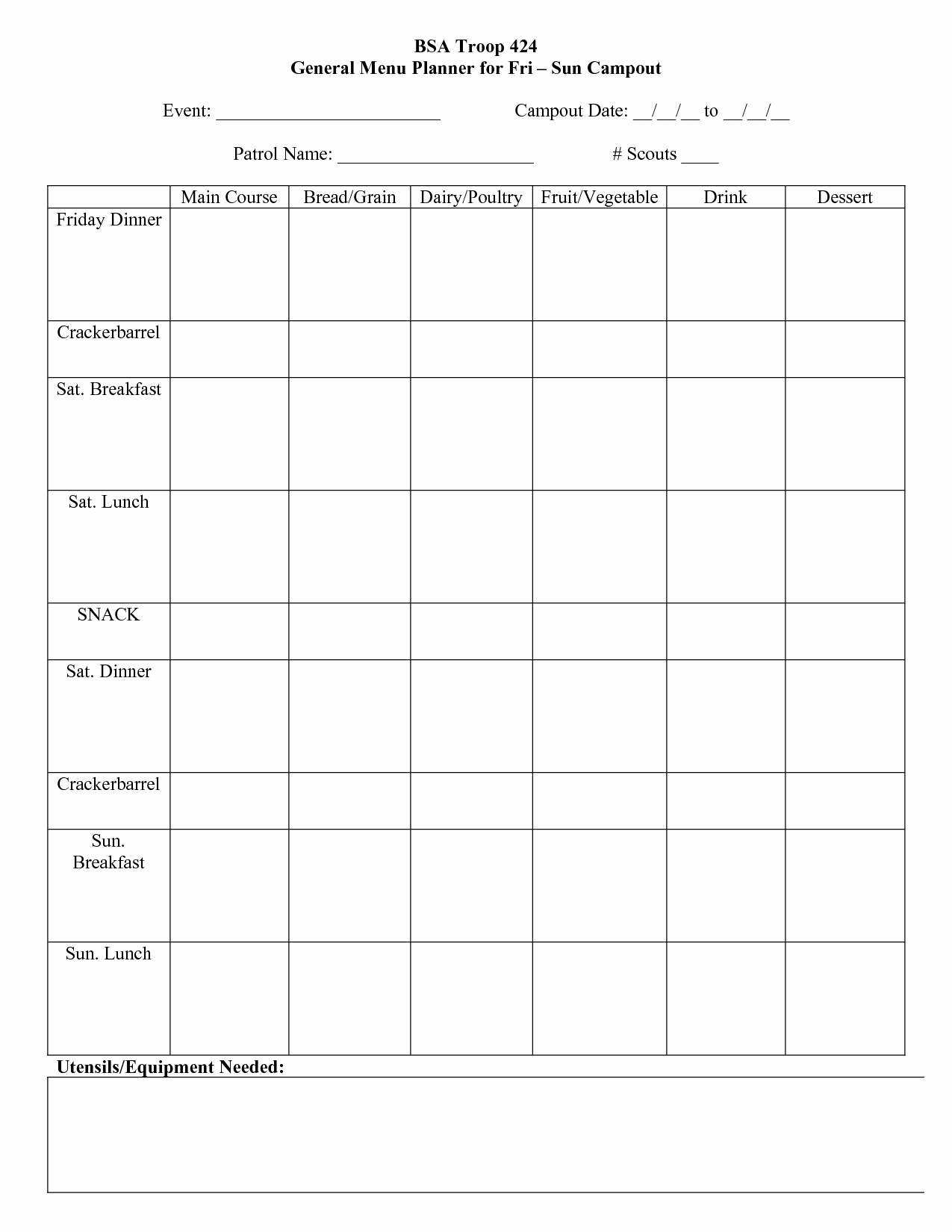 Boy Scout Duty Roster Template Fresh 13 Best Of Boy Scout Day 5 Meal Planning Worksheet