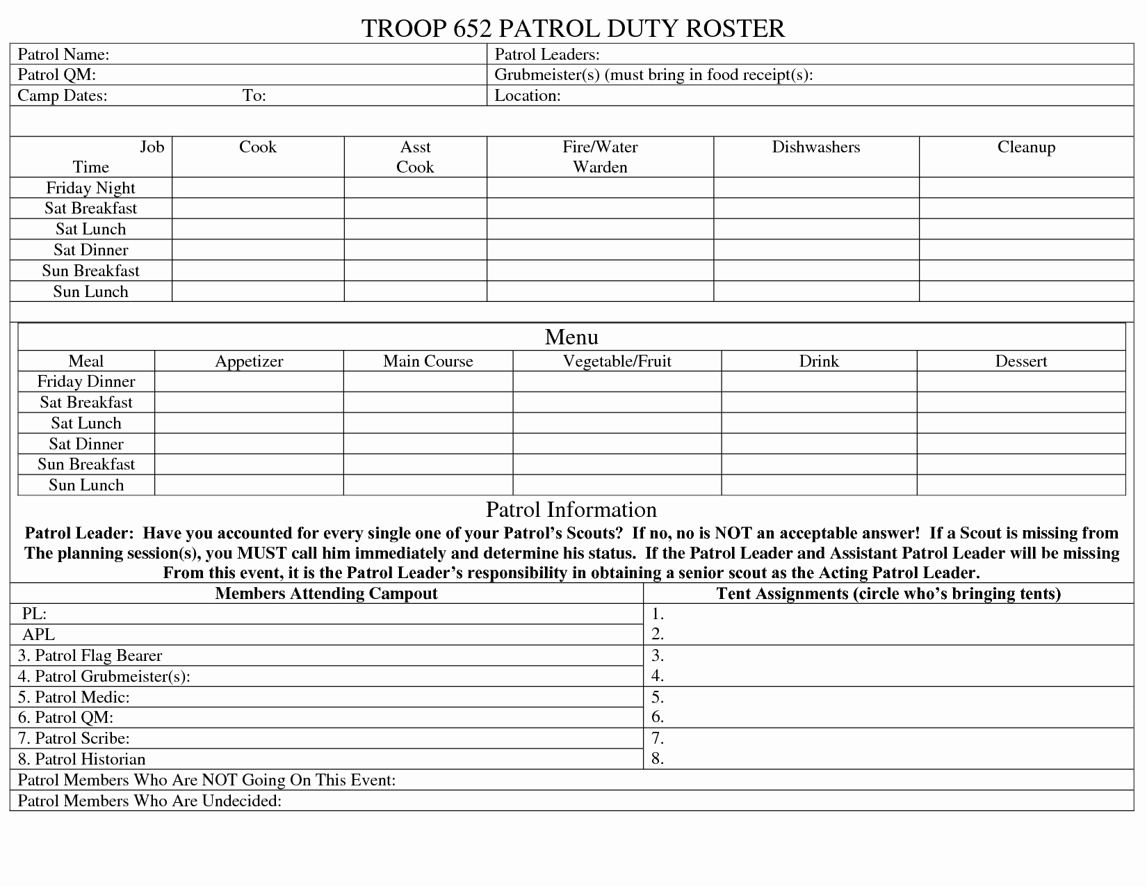 Boy Scout Duty Roster Template Luxury 24 Of Bsa Summer Camp Duty Roster Template