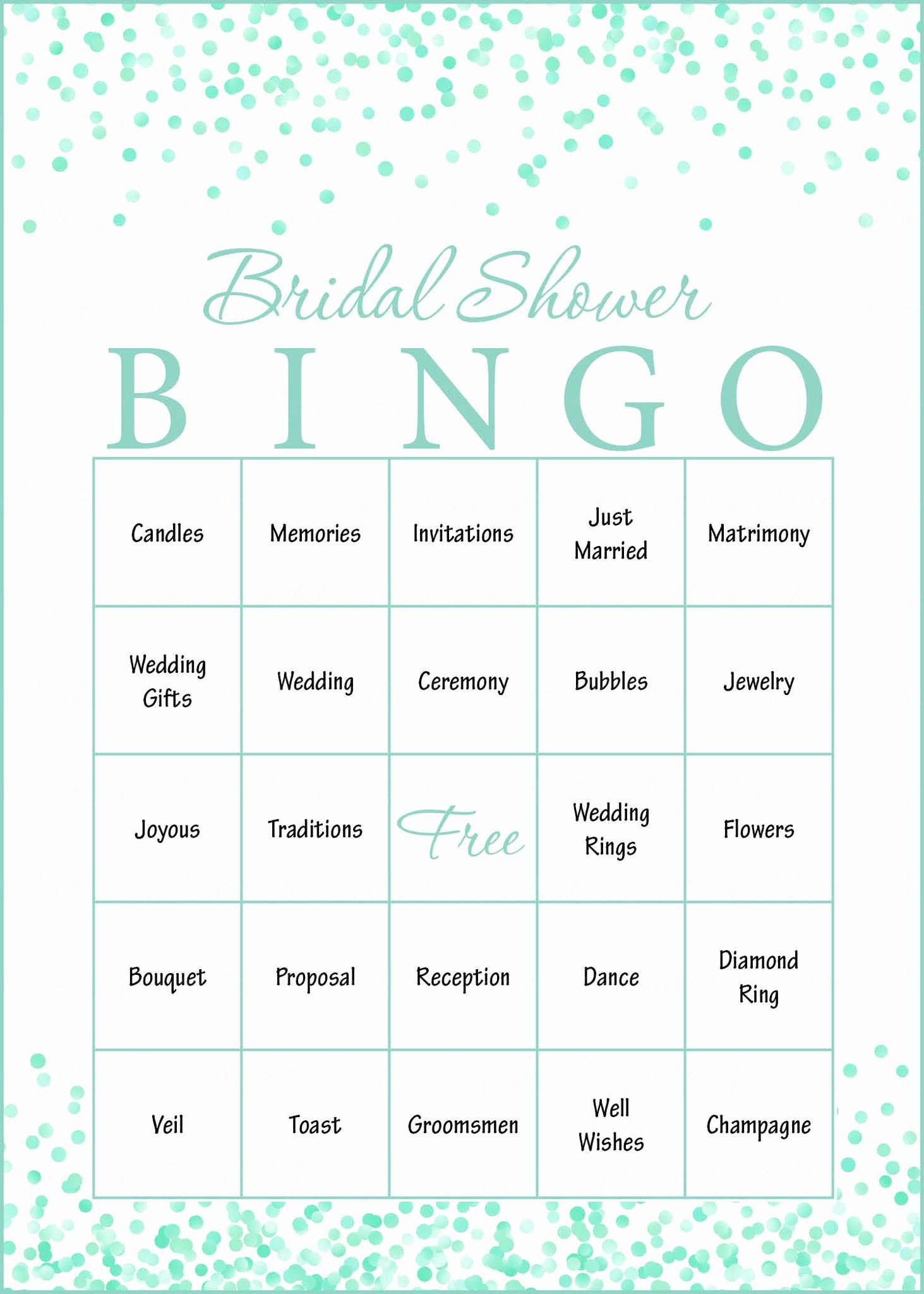 Bridal Bingo Template Fresh Mint Confetti Bridal Shower Game Download for Wedding