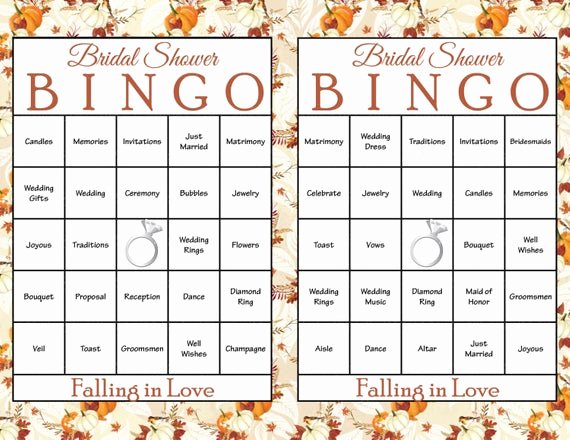 Bridal Shower Bingo Templates Awesome 100 Falling In Love Bridal Bingo Cards Fall Bridal Shower