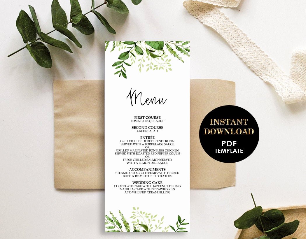 Bridal Shower Menu Template Elegant Greenery Wedding Menu Printable Template Bridal Shower