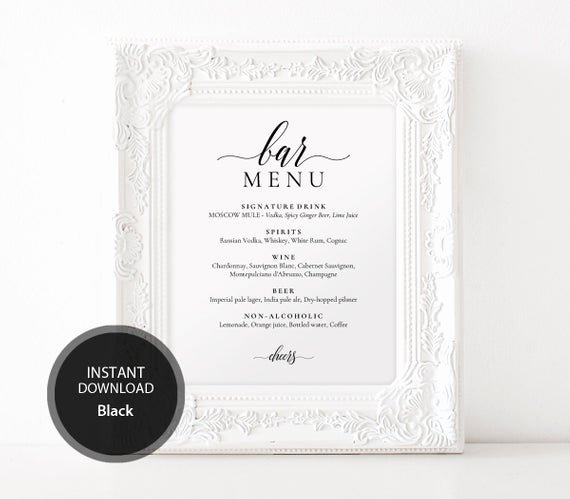 Bridal Shower Menu Template Unique Pdf Template Bar Menu 8x10 11x14 16x20 Wedding Bridal