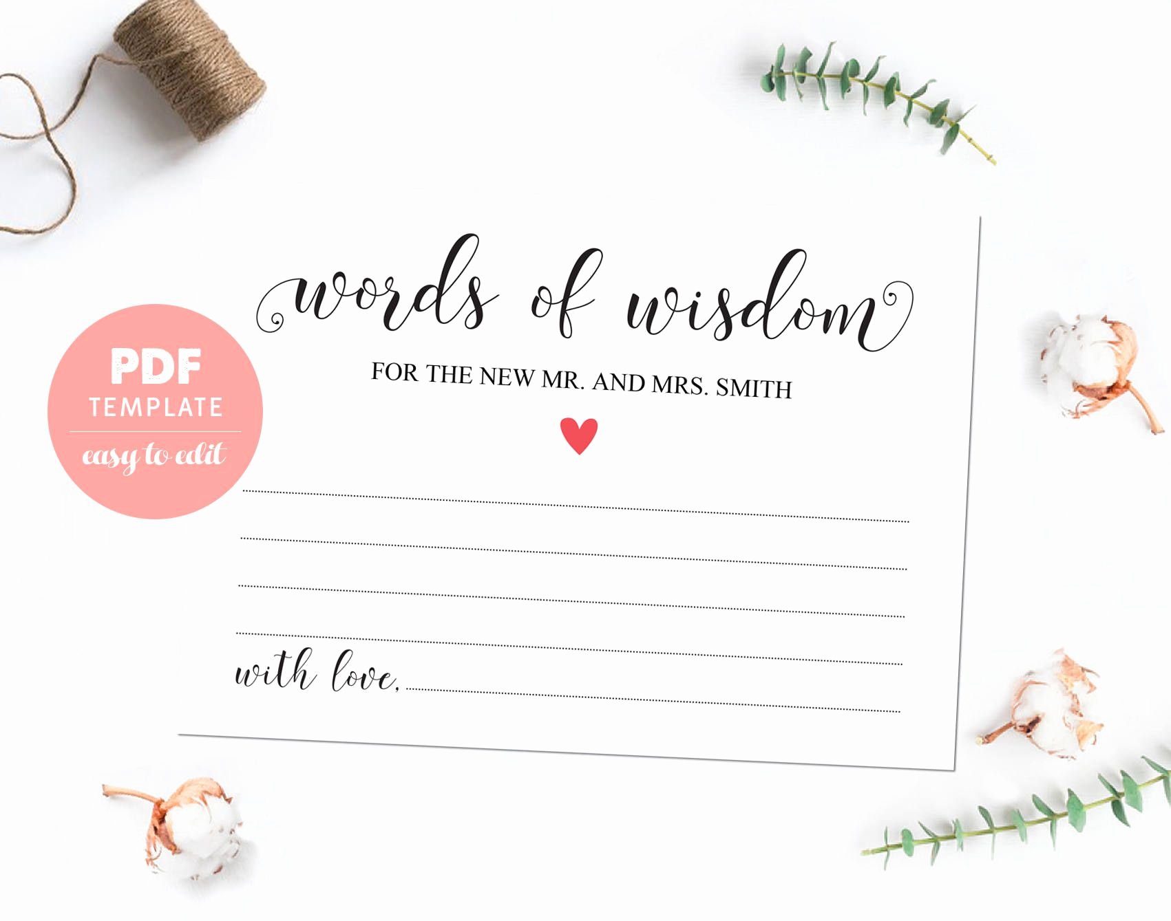 Bridesmaid Card Template Inspirational Wedding Wishes Pdf Template Card Words Of Wisdom Card