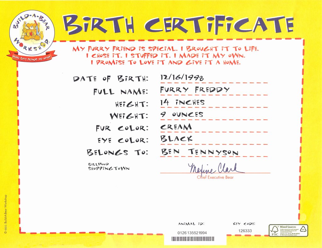 Build A Bear Birth Certificate Template Blank Inspirational Freddy S Birth Certificate by Metalmindsam On Deviantart