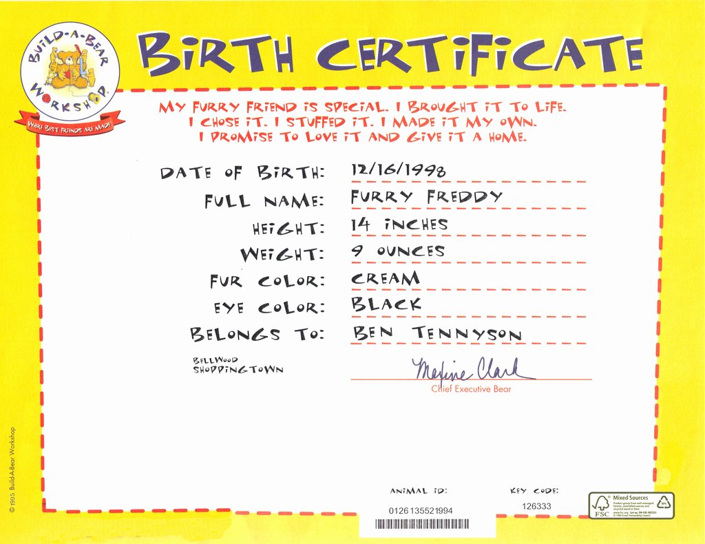 Build A Bear Birth Certificate Template Blank Inspirational Freddy S Birth Certificate by Metalmindsam On Deviantart