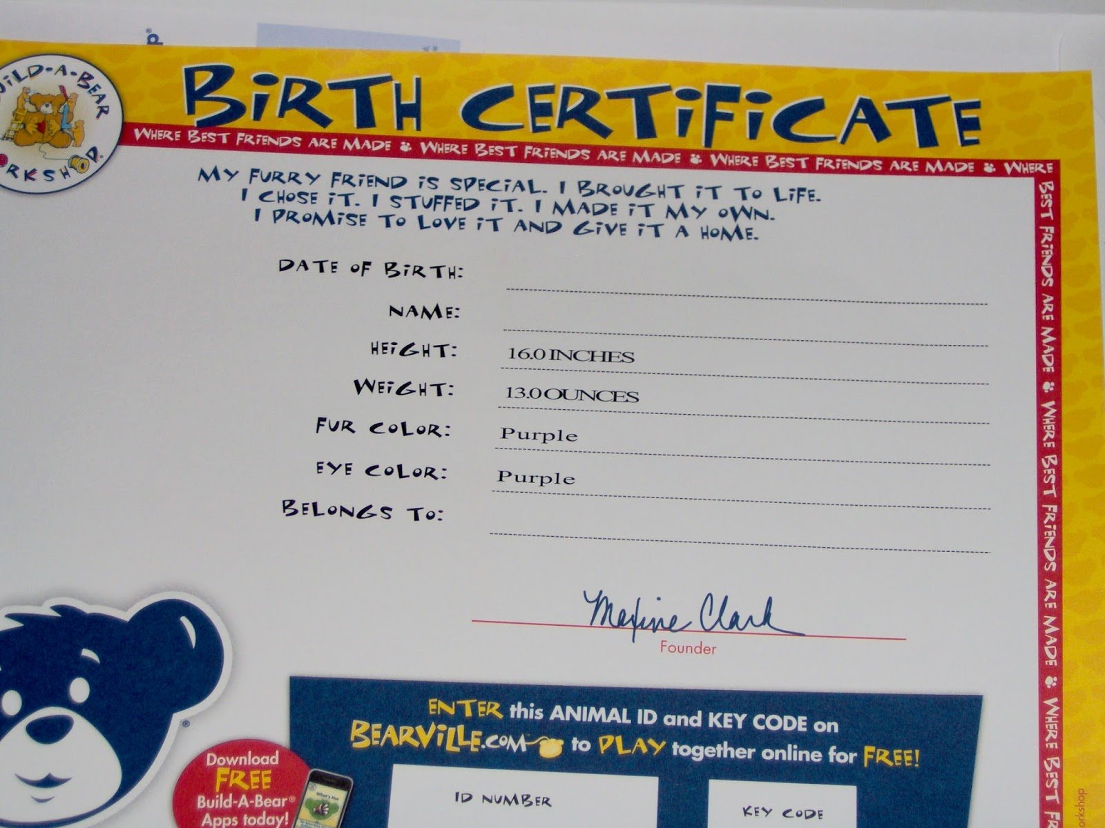 Build A Bear Birth Certificate Template Blank Lovely Missys Product Reviews Build A Bear Workshop My Little
