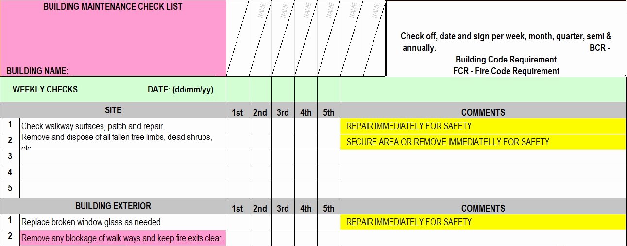 Building Maintenance Schedule Template Best Of Facility Maintenance Checklist Template format Word and