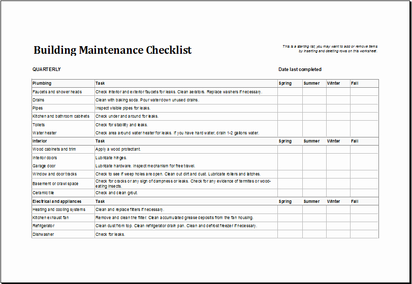 Building Maintenance Schedule Template Inspirational Building Maintenance Checklist Template