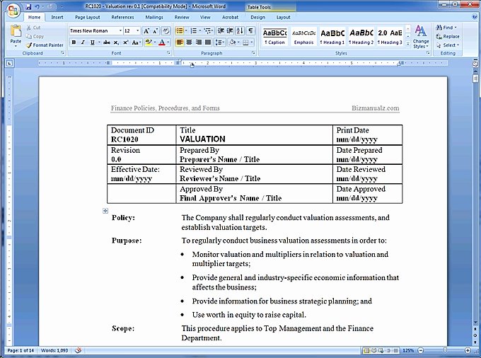 Business Process Template Word Unique Policy and Procedure Template