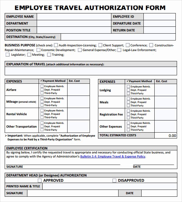 Business Travel Request form Awesome 9 Sample Travel Authorization form Examples to Download
