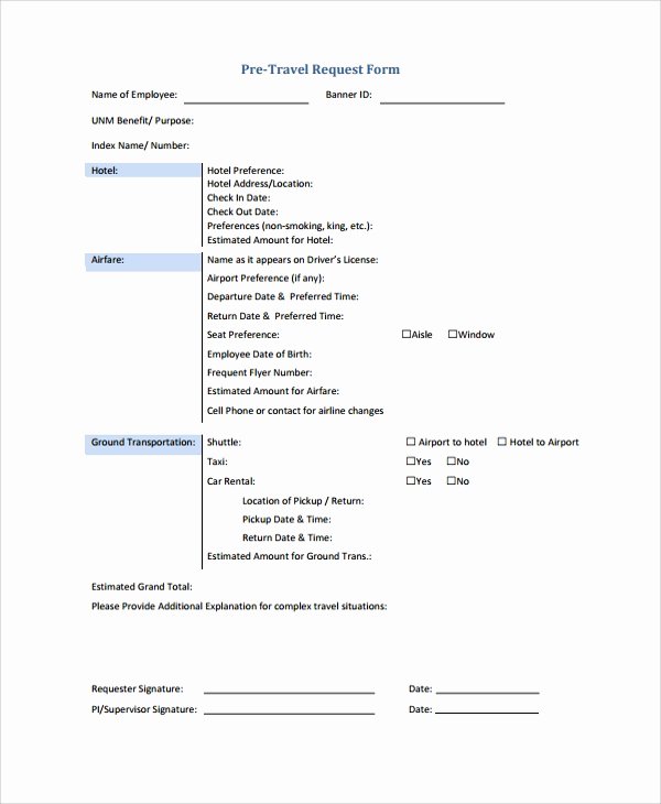 Business Travel Request form Unique Sample Travel Request form 9 Free Documents Download In