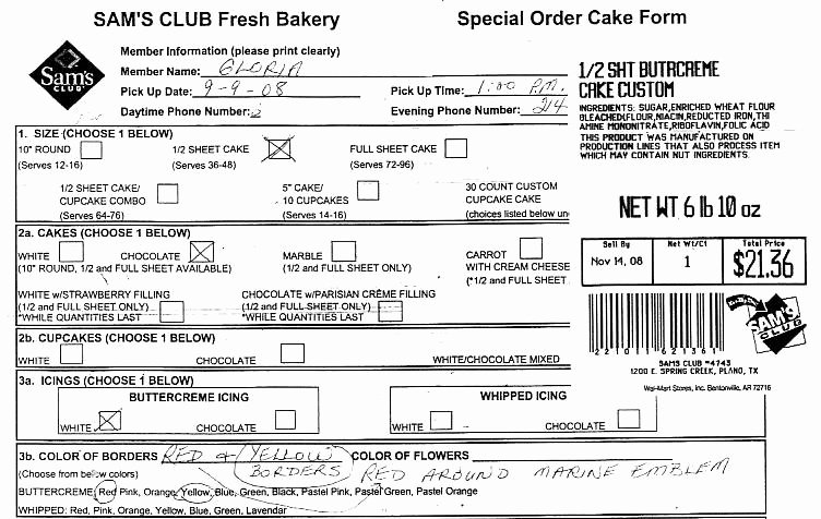 Cake order forms Printable New Sams Club Cake order form