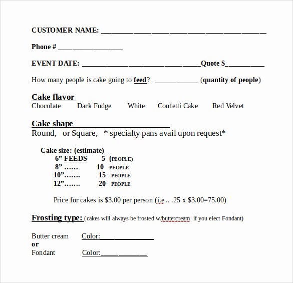 Cake order forms Templates Fresh Sample Cake order form Template 16 Free Documents