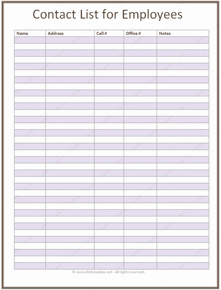 Call Back List Template Fresh Employee Contact List Template In A Basic format