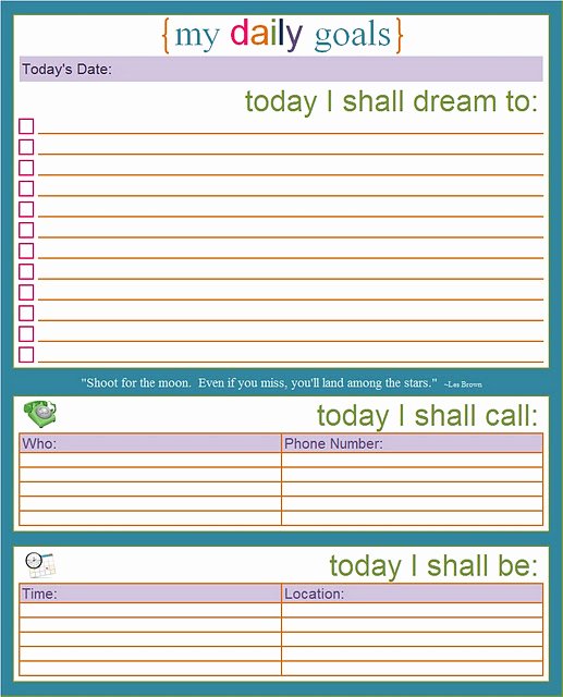 Call Back List Template Lovely Free Daily Goal Printable Sheets 24 7 Moms