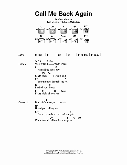 Call Back Sheet Awesome Call Me Back Again Sheet Music by Paul Mccartney Lyrics