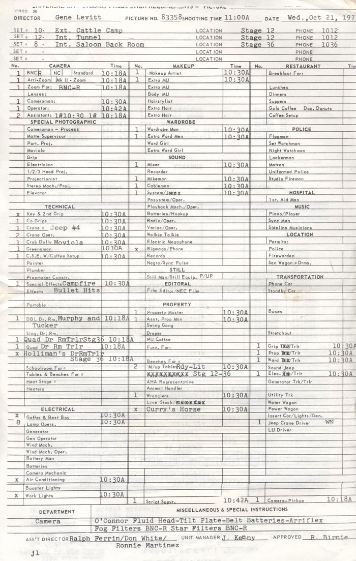 Call Back Sheet Elegant Shooting Call Sheets for the Pilot October 1970