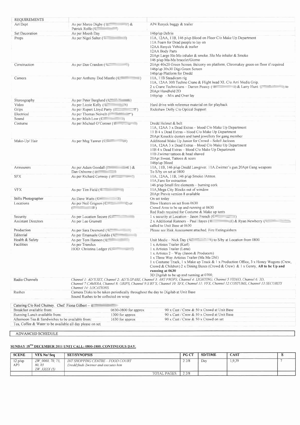 Call Back Sheet Inspirational Dredd Movie Call Sheets