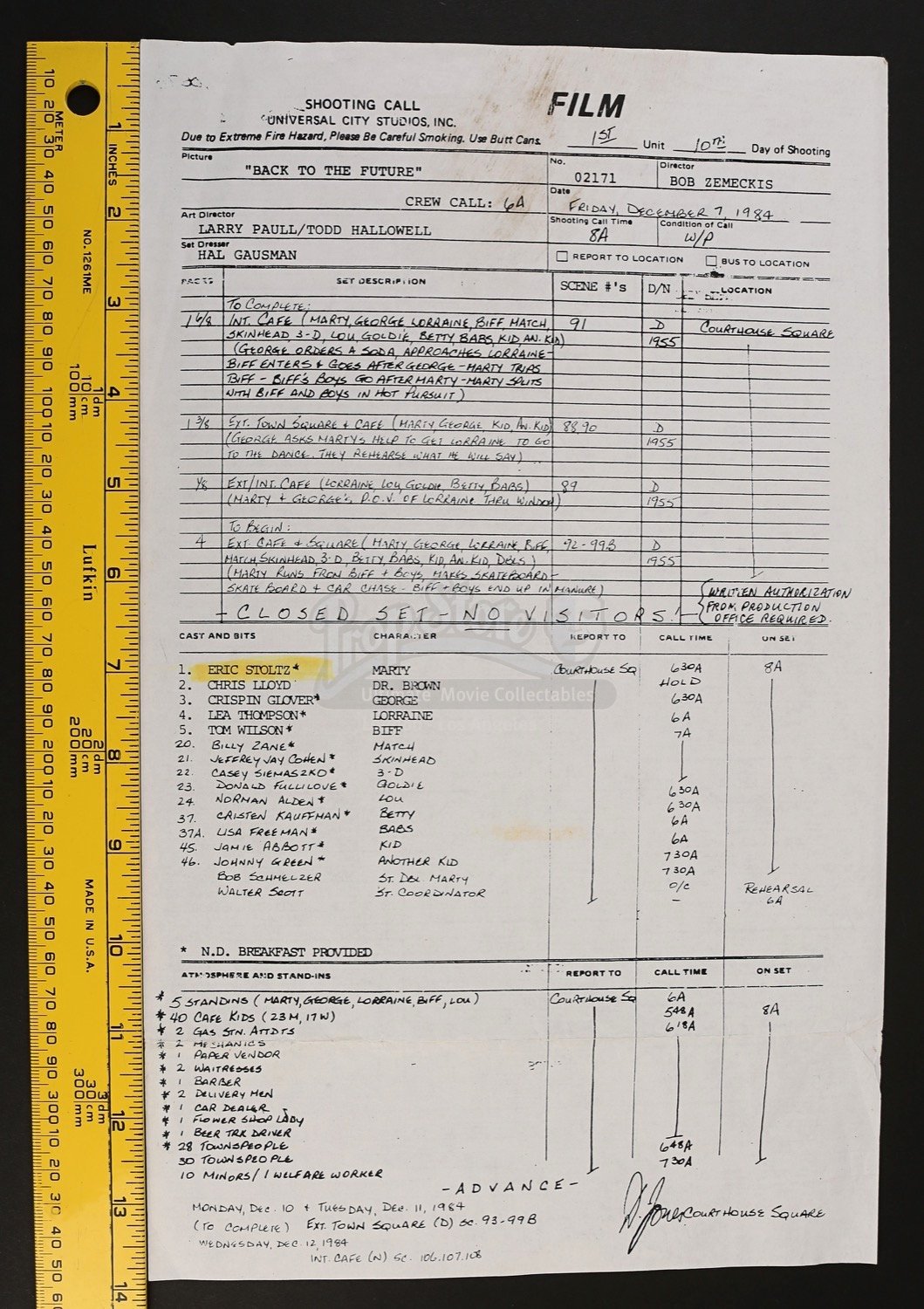 Call Back Sheet Luxury Back to the Future 1985 Production Call Sheet