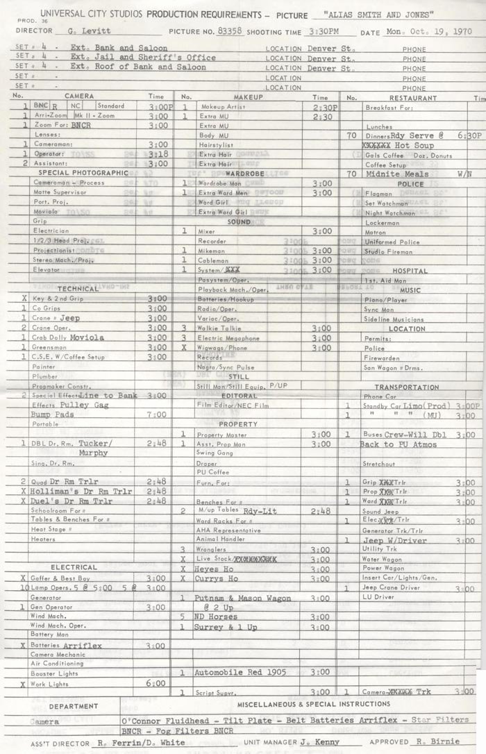 Call Back Sheet New Shooting Call Sheets for the Pilot October 1970