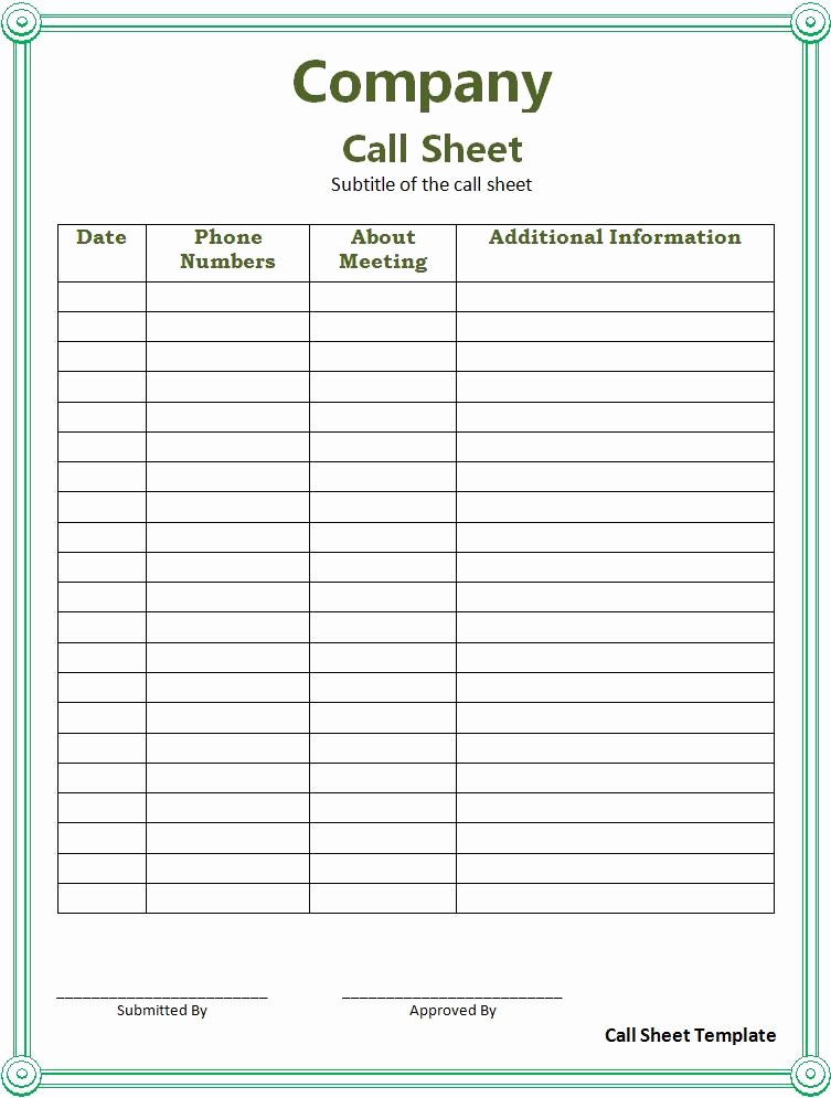 Call Sheet Samples Awesome assignment 3 Task 1