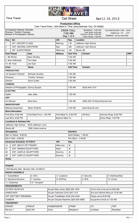 Call Sheet Samples Awesome Callsheet1