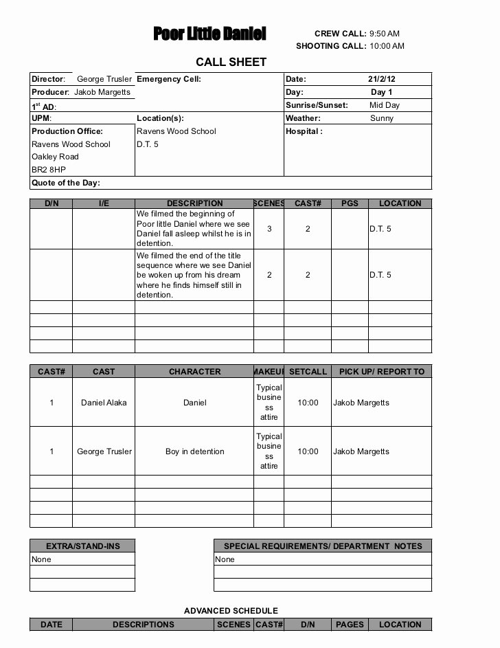 Call Sheet Samples Best Of Call Sheet