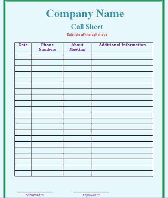 Call Sheet Samples Luxury Call Sheet Template