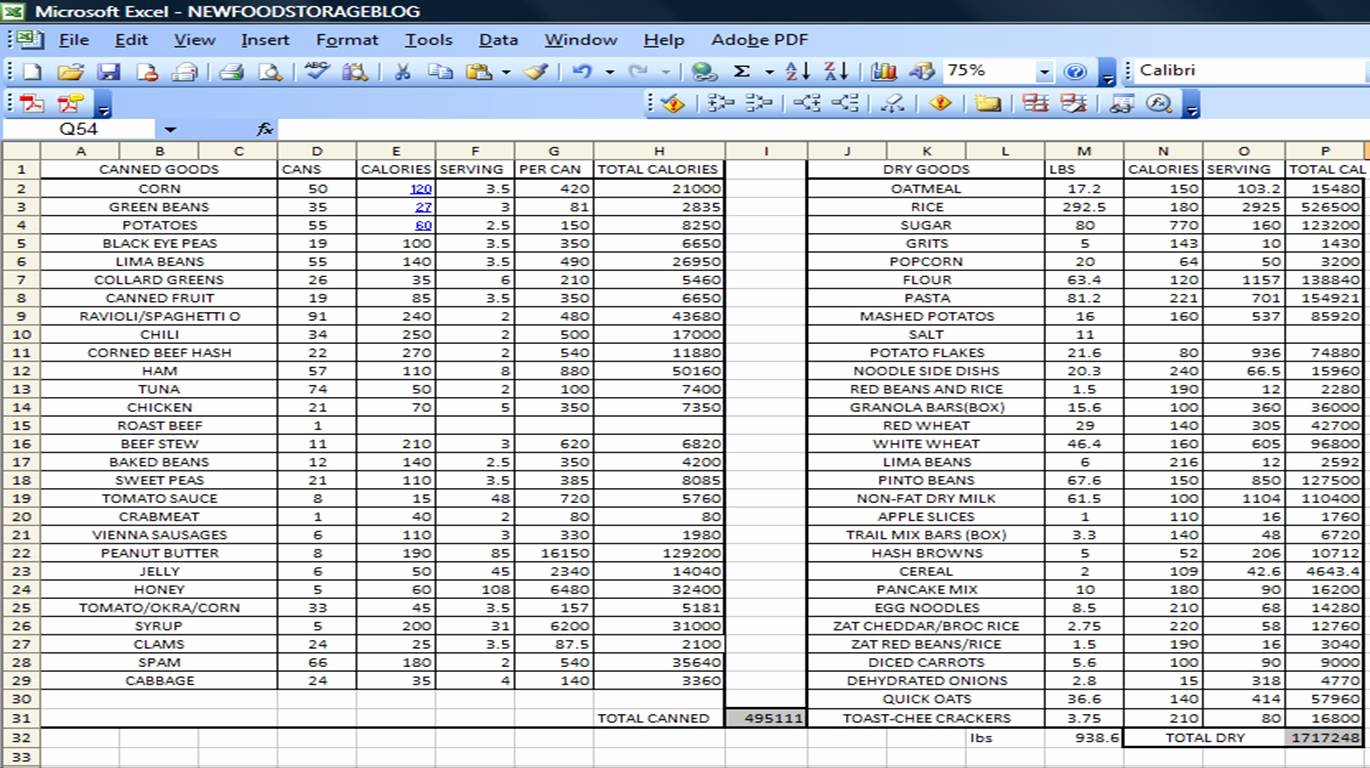 Calorie Counter Spreadsheet New Senior S Mess Excel Food Prepper List