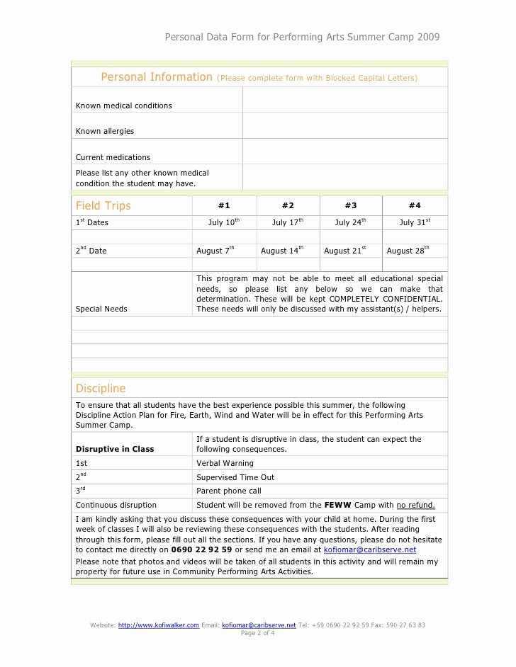 Camp Registration form Template Word Beautiful Performing Arts Summer Camp Registration form