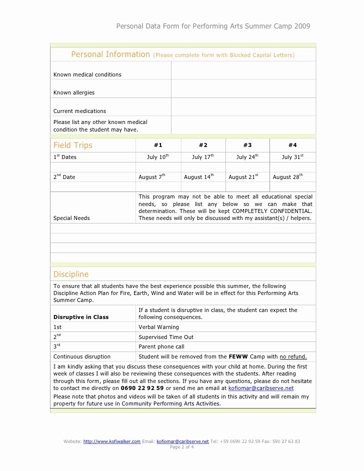 Camp Registration form Template Word Beautiful Performing Arts Summer Camp Registration form